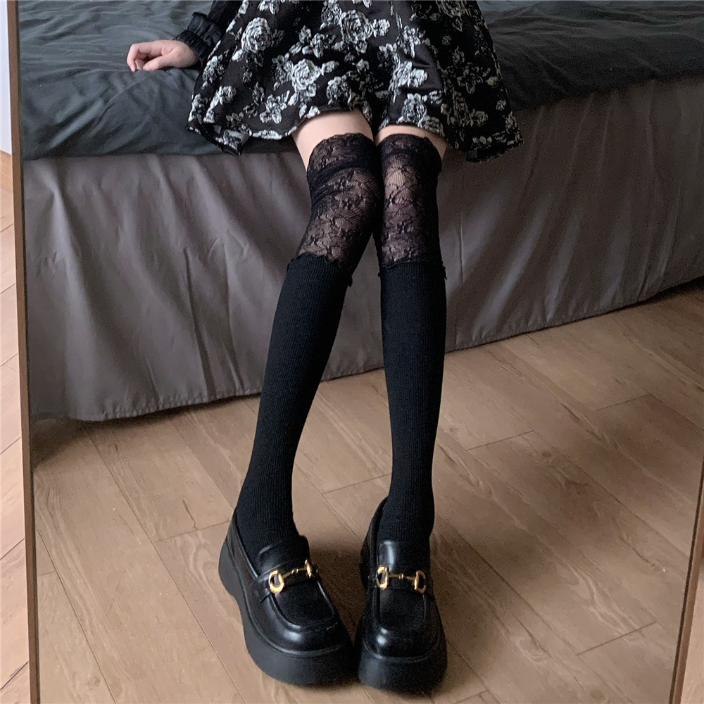 ay to films秋冬黑色蕾丝拼接假高筒过膝袜韩国简约ins小腿堆堆袜