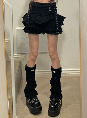 AY To films个性小众标签破洞针织腿套黑色显瘦y2k辣妹堆堆袜套女