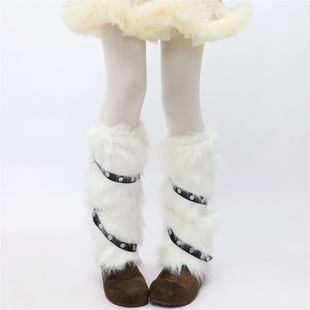 AYTofilms 保暖袜套 辣妹亚文化冬仿皮草毛毛腿套y2k皮质铆钉个性