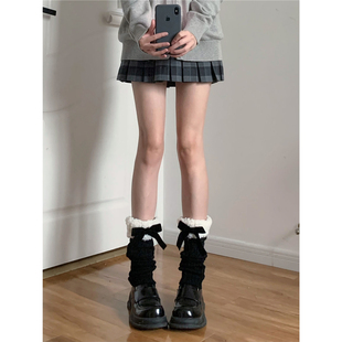 Tofilms洛丽塔堆堆针织腿套秋冬保暖羊羔毛植绒蝴蝶结麻花袜套