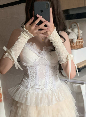 AYTofilms春夏蕾丝袖套洛丽塔少女飘带蝴蝶结木耳边露指手袖手套