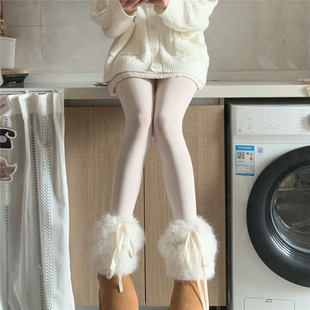 Tofilms洛丽塔少女秋冬毛绒袜套保暖仿兔毛蝴蝶结绑带毛毛腿套