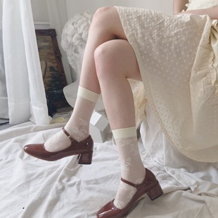 夏温柔学生少女丝袜复古玫瑰奶白蕾丝花朵短袜小腿袜 films