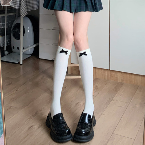 日系少女黑色丝绒蝴蝶结小腿袜