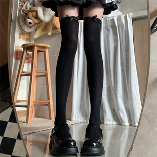 Tofilms黑色显瘦天鹅绒蝴蝶结过膝袜奶白芭蕾风大腿袜jk长筒袜