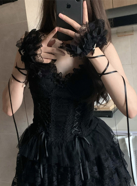 AYTofilms甜辣y2k多层蕾丝袖套夏黑色超薄网纱绑带蝴蝶花边手袖套