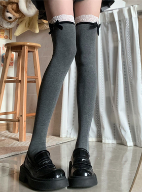 AYTofilms芭蕾少女miu风灰色蕾丝花边蝴蝶结大腿袜洛丽塔jk过膝袜