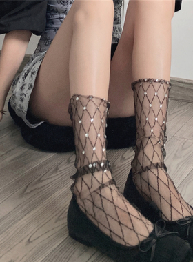 AY To films 夏日黑色网纱中筒袜透明黑丝短袜透气花朵珍珠堆堆袜