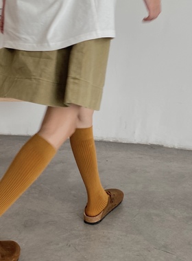 AY To films 秋季基础款奶茶色竖条显瘦小腿袜子INS风棉质中筒袜