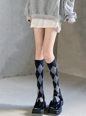 AY To films 秋冬菱格小腿袜复古咖色英伦学院风中筒袜黑灰色袜子