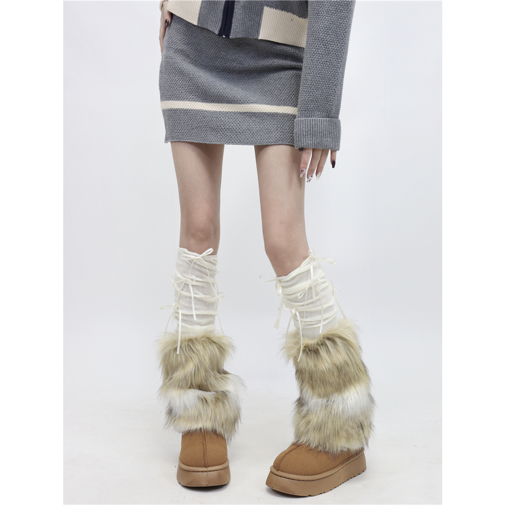 保暖女仿皮草棉纱蝴蝶结毛毛腿套