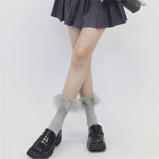 毛毛灰色短筒袜子个性 films 彩色羽毛堆堆袜慵懒学院棉质袜