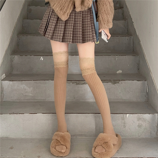 films蕾丝花边长筒袜过膝秋冬慵懒学院卡其加厚棉质大腿袜