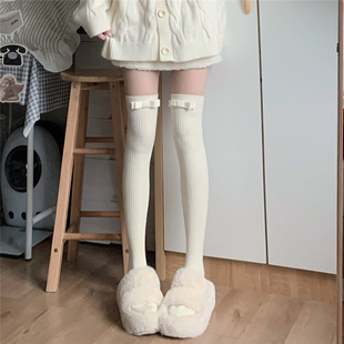 Tofilms精致少女一字蝴蝶结保暖过膝袜秋冬莫兰迪色加厚高筒袜