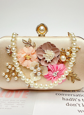 新款搭配旗袍红色手提包珍珠花朵包晚宴包时尚百搭斜跨包手拿女包