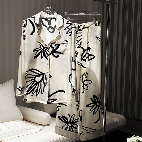 情侣真丝简约印花家居服可外穿