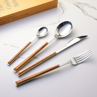 北欧现代ins木纹西餐具套装家用牛排刀叉勺三件套 304不锈钢茶勺