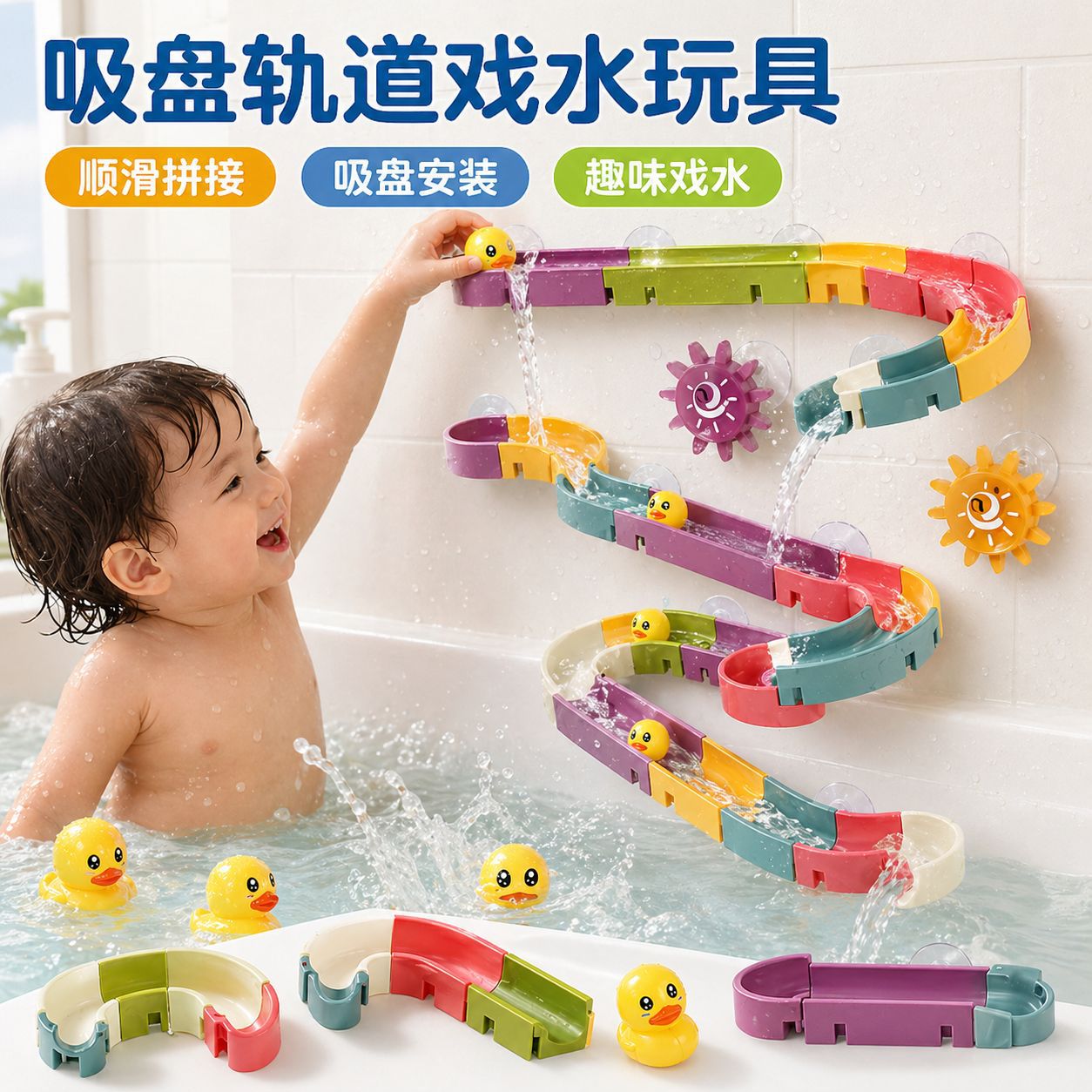 夏季戏水儿童轨道滑滑乐DIY拼装积木墙玩水男女宝宝浴室洗澡玩具
