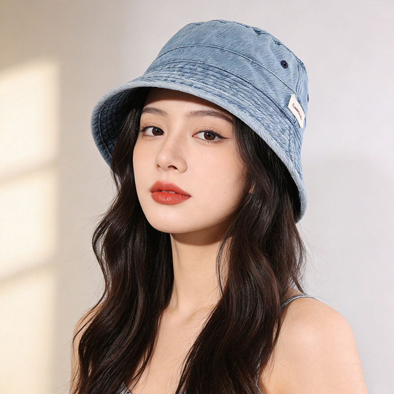 百搭高级感牛仔蓝渔夫帽女日系复古水洗大帽檐显脸小防晒遮阳盆帽