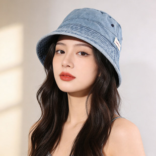 百搭高级感牛仔蓝渔夫帽女日系复古水洗大帽檐显脸小防晒遮阳盆帽