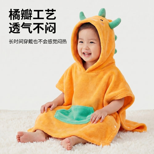 珊瑚绒卡通连帽浴巾婴幼儿暗扣保暖小熊连帽儿童吸水斗篷浴袍批发