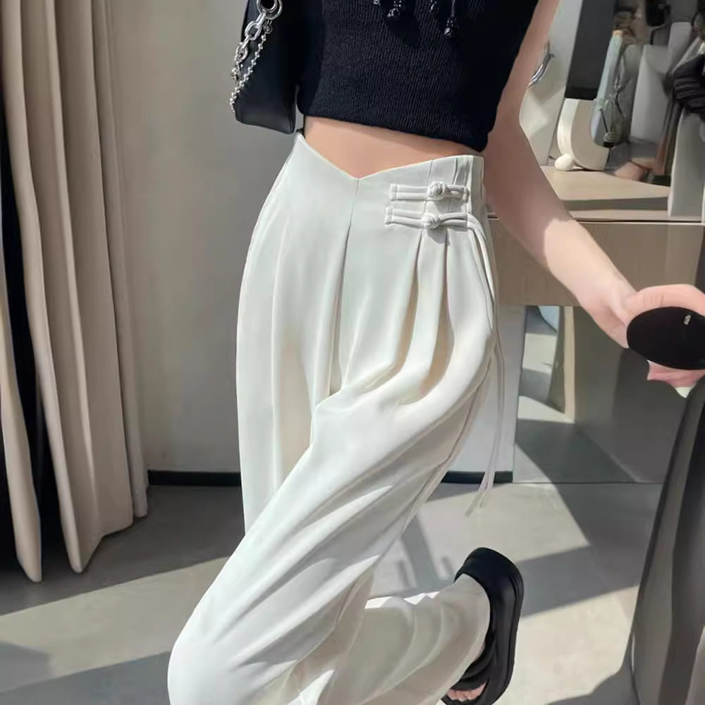 新中式冰丝西装裤女夏季薄款小个子雪纺阔腿裤高腰垂感休闲直筒裤