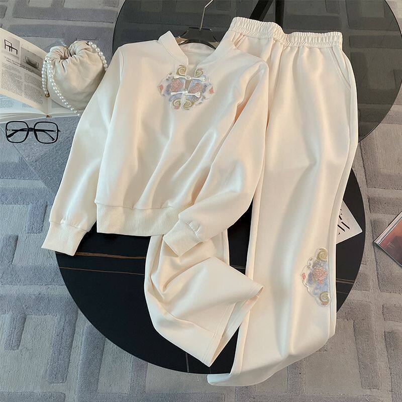 2026春秋休闲运动套装女洋气国风杏色长袖卫衣阔腿裤两件套