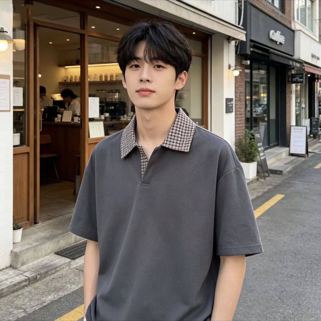 拼接假两件夏季宽松潮男女设计感百搭半袖衬衫美式短袖polo情侣领