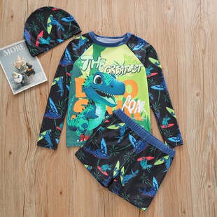 儿童泳衣长袖男童游泳衣分体短裤赛车印花男孩泳装防晒UPF50
