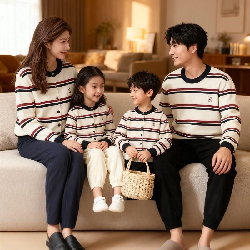 条纹亲子秋冬卡通小狗超好看一家三口四口亲子装毛衣