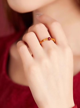 朱砂戒指橄榄核竹节古风戒指女生