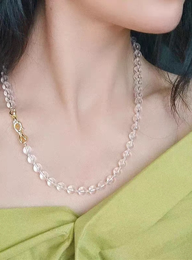 清凉感天然白水晶14k金丝带扣项链礼物女短款颈链简约百搭饰品