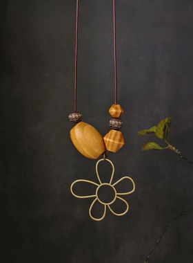 子木。复古中式镂空花朵吊坠项链波西米亚民族风木珠长款毛衣链