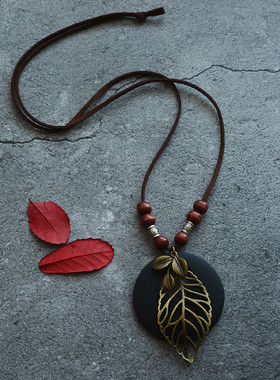 棉麻女装配饰品新款复古民族风木质大小树叶木珠长项链 毛衣链