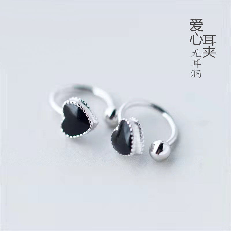 子木。 S925银无耳洞耳骨夹女气质黑色爱心耳夹甜美心形假耳饰品