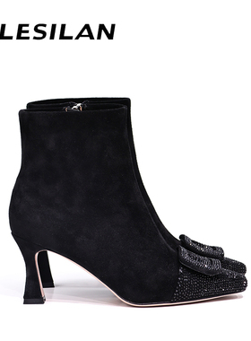 爱乐诗兰春秋新款真皮绒面水钻细高跟时尚短靴4d09511/21