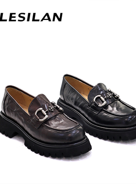 爱乐诗兰厚底乐福小真皮单鞋子春夏新女款黑色英伦风超软增高4c05