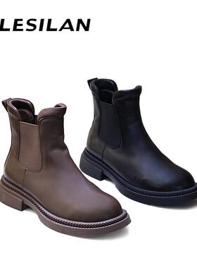 爱乐诗兰新款真皮加绒粗跟切尔西靴3D25