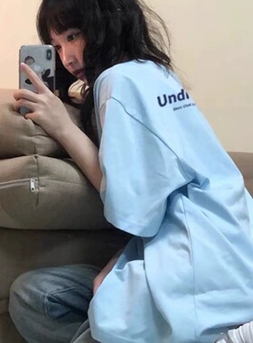 纯棉蓝色短袖t恤女宽松2025夏季新款小众设计感多巴胺穿搭ins上衣