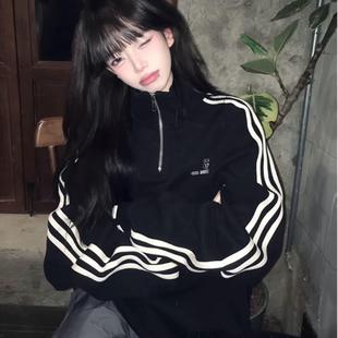 美式复古三条杠半拉链polo领纯棉卫衣女春秋薄款宽松oversize上衣