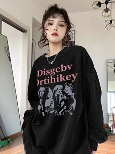 欧美风高街圆领上衣宽松oversize卫衣加绒加厚套头纯棉秋冬新款女