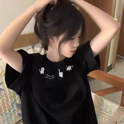 纯棉美式复古潮牌黑色短袖t恤女