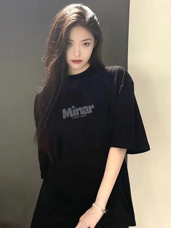 重磅美式潮牌黑色短袖t恤女oversize小众设计感2025夏季纯棉上衣