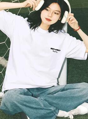 100%纯棉白色短袖t恤女2025新款正肩宽松体恤小众设计感美式上衣
