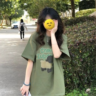 美式 宽松纯棉体恤上衣 小众设计感chic牛油果绿短袖 t恤女2025新款