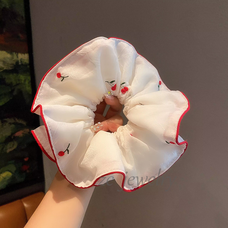 新款甜美刺绣红樱桃大肠发圈韩系女双层收腰发绳慵懒风低马尾头绳