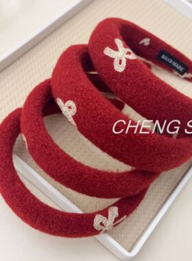 圣诞新年红色刺绣蝴蝶结发箍洋气精致百搭节日头箍高颅顶压发发卡