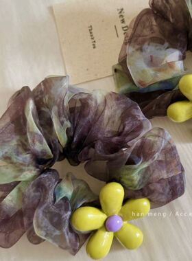黄色花朵网纱晕染大肠发圈高级感头绳头花马尾橡皮筋皮套扎头发绳