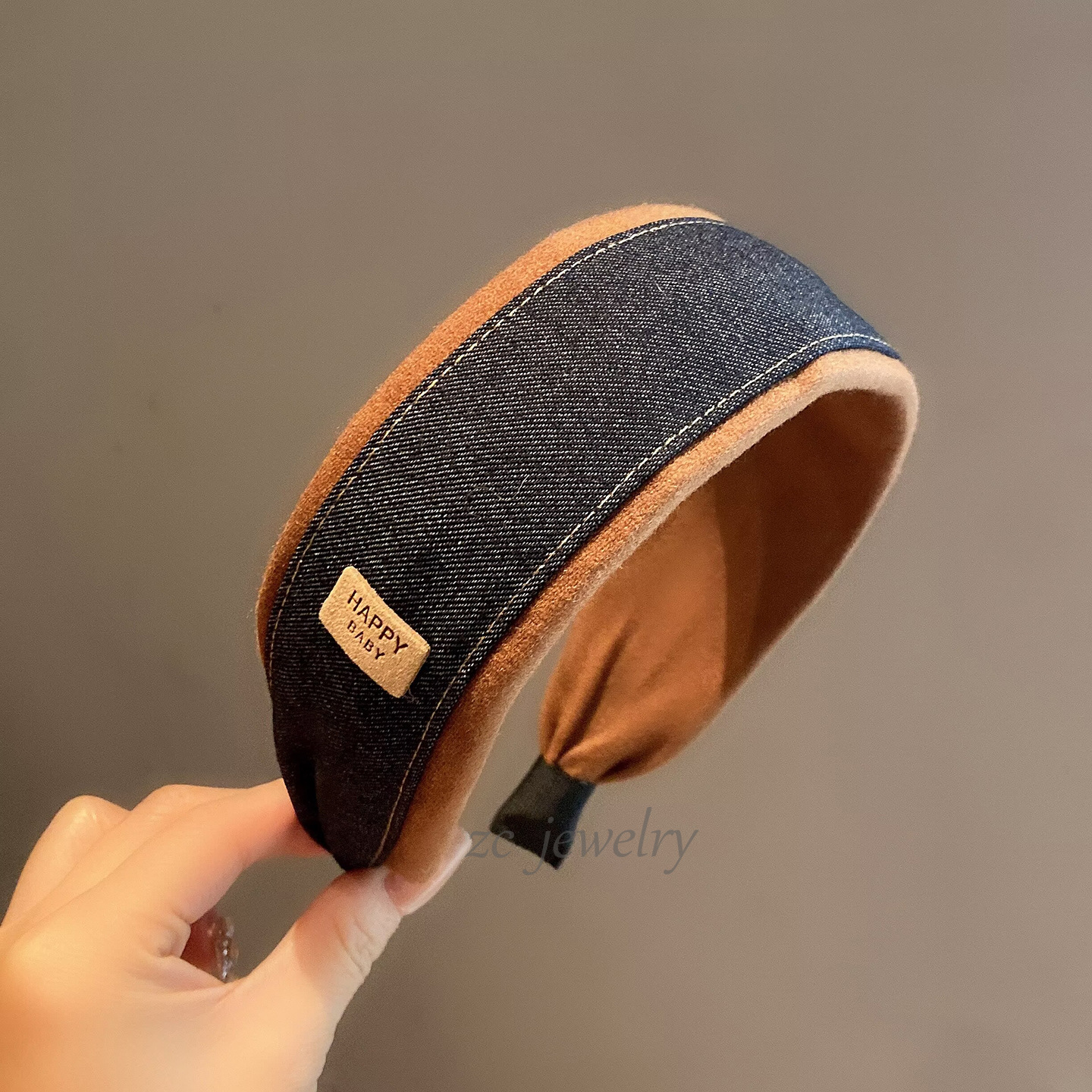 复古牛仔拼接咖色麂皮绒宽边发箍时尚高颅顶头箍日常外出百搭发卡