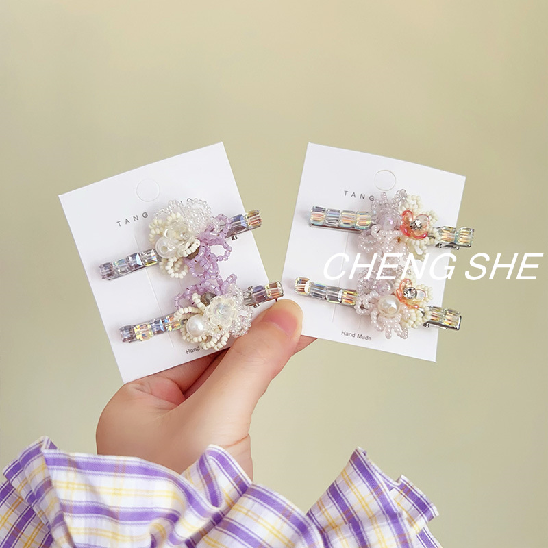 韩国新款手工串珠珍珠花朵发夹刘海夹超仙侧边夹发饰高级感夹子